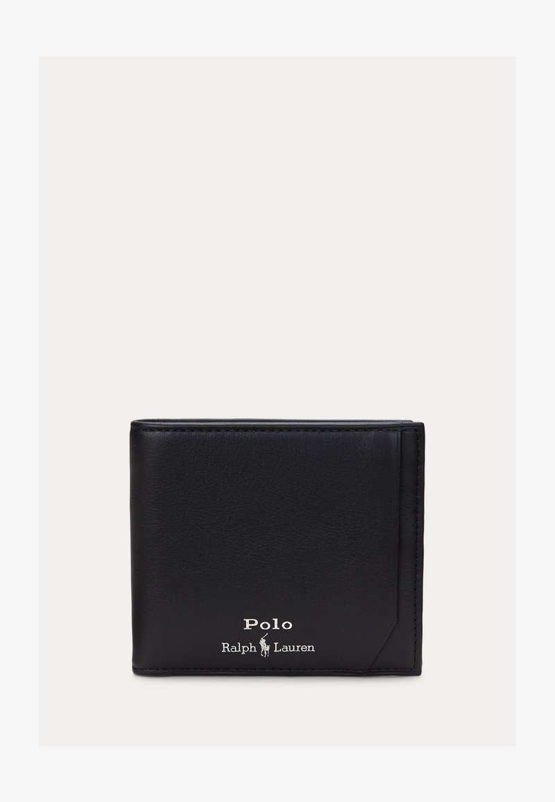 Δερμάτινο μαύρο πορτοφόλι διπλού κλεισίματος με λευκό λογότυπο "Polo Ralph Lauren" και έμβλημα ιππέα με άλογο στο κέντρο της μπροστινής πλευράς, σε απλό φόντο.