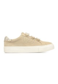 Beige suede sneaker with a textured patterned back, three decorative Velcro straps, and a thick white rubber sole.