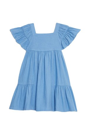 Lyseblå bomuldskjole med firkantet udskæring, puffærmer, rucheringer og lagdelt nederdel. Glat tekstur og afslappet design.