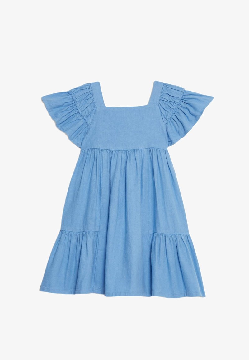 Světle modré bavlněné šaty se čtvercovým výstřihem, nafouklými rukávy, nařasenými detaily a vrstvenou sukní. Hladká textura a neformální design.