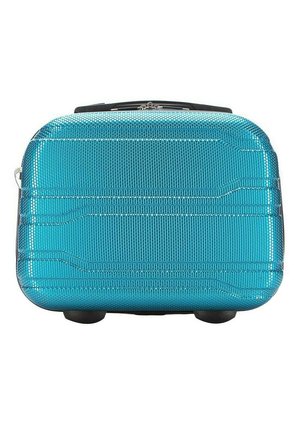 Blue hard-shell suitcase with a textured surface, featuring a sleek rectangular design, top handle, and four small wheels for mobility.