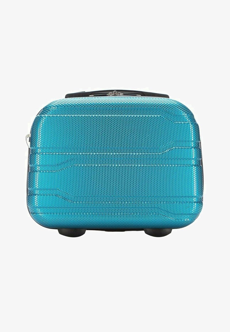 Modrá hard-shell kufr s texturovaným povrchem, představující elegantní obdélníkový design, horní rukojeť a čtyři malé kolečka pro snadnou mobilitu.