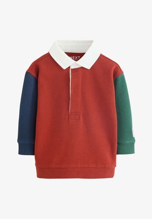 Color-blocked sweatshirt med røde, grønne og blå sektioner, hvid krave. Båret med falmede grå jeans og brune sneakers. Potteplante i baggrunden.