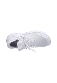 White athletic shoe with mesh upper, rounded toe, flat laces, and rubber outsole. Features subtle logo accents and a textured design.