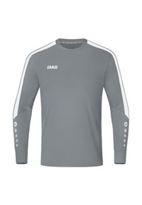 Grijze lang-sleeve shirt met witte schouderstrepen, JAKO-logo op de borst en knoopaccenten op de manchetten. Soepele textuur, sportief ontwerp.