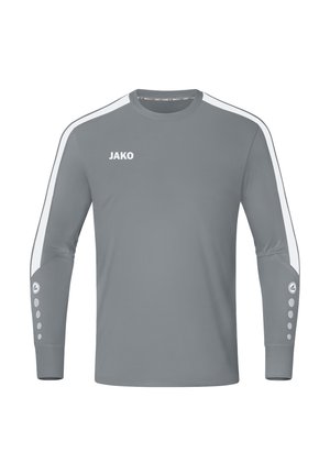 Grijze lang-sleeve shirt met witte schouderstrepen, JAKO-logo op de borst en knoopaccenten op de manchetten. Soepele textuur, sportief ontwerp.