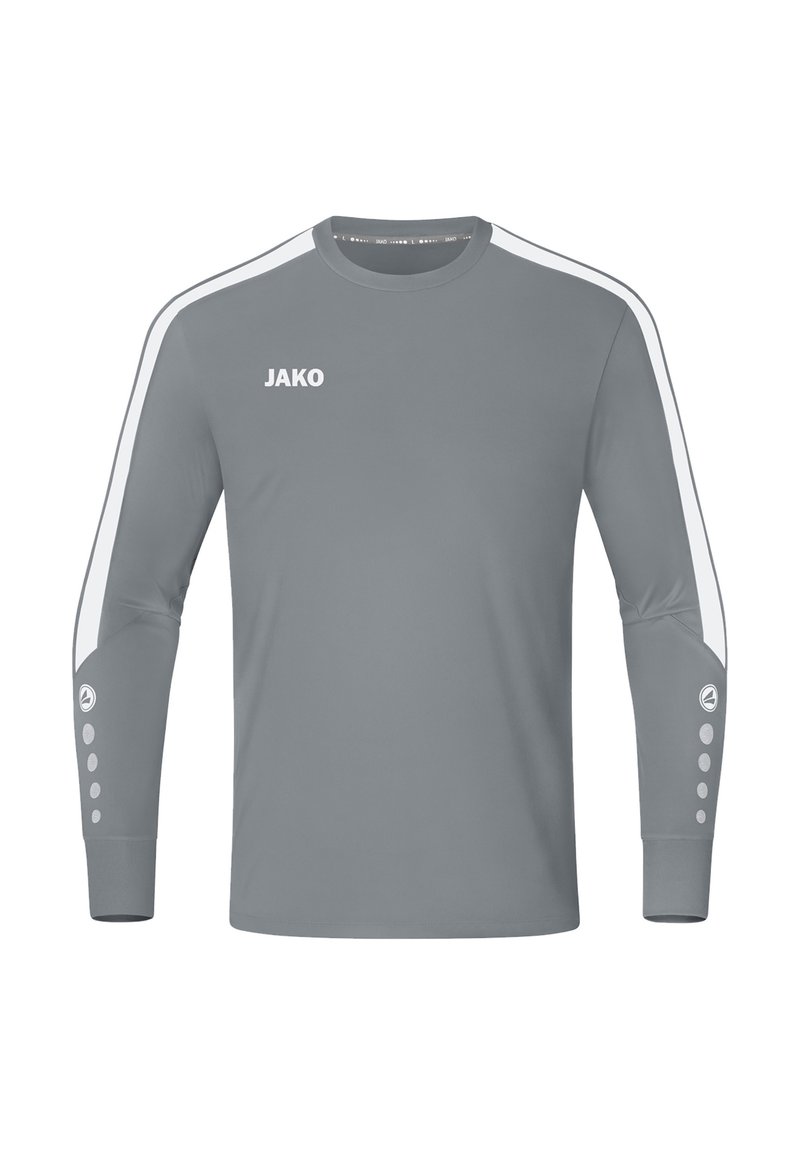 Grijze lang-sleeve shirt met witte schouderstrepen, JAKO-logo op de borst en knoopaccenten op de manchetten. Soepele textuur, sportief ontwerp.