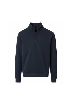 Donker marineblauwe pullover sweatshirt met lange mouwen en een korte ritssluiting aan de voorkant onder een hoge kraag.