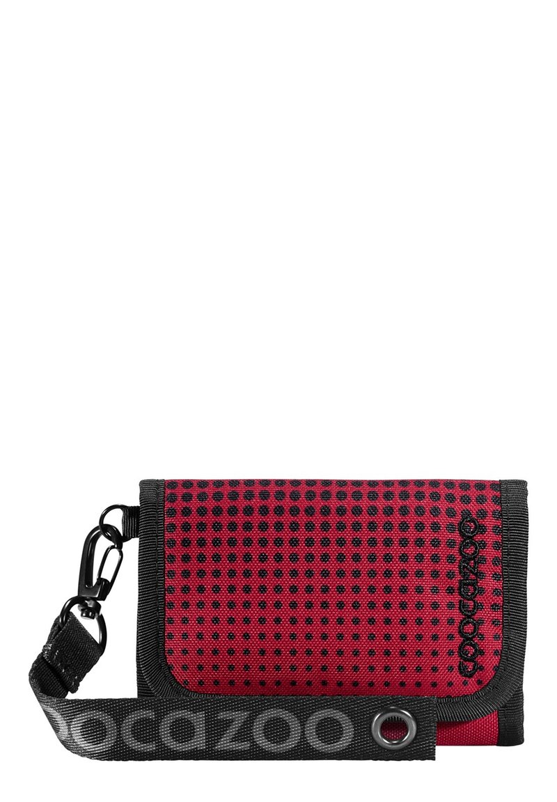 Red and black wallet with a textured mesh surface, featuring a clasp and strap for carrying. Notable logo detail in grey.