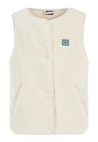 Beżowa, bezrękawnikowa kamizelka wykonana z miękkiego, teksturowanego polaru, z zatrzaskami, bocznymi kieszeniami i małą, turkusową naszywką z logo.