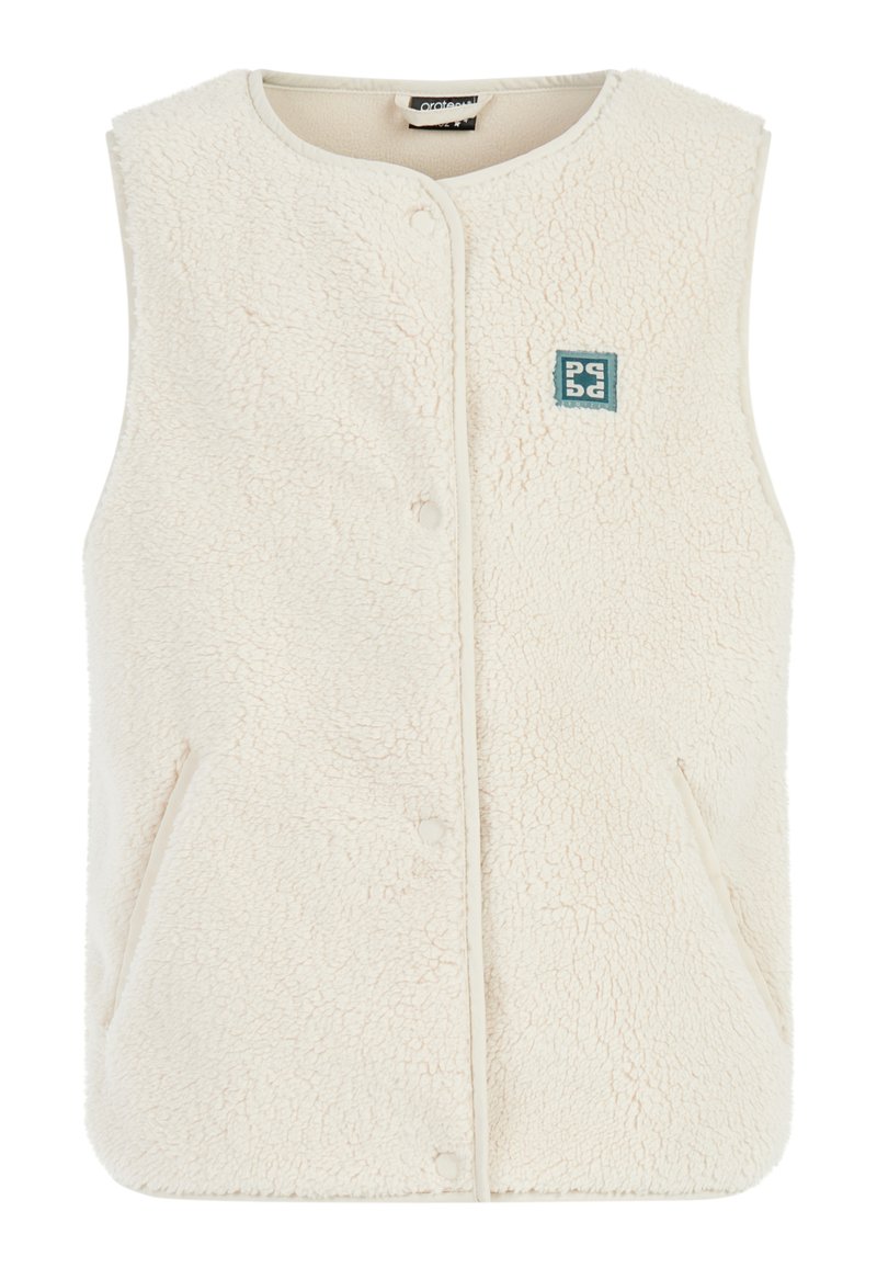 Beżowa, bezrękawnikowa kamizelka wykonana z miękkiego, teksturowanego polaru, z zatrzaskami, bocznymi kieszeniami i małą, turkusową naszywką z logo.