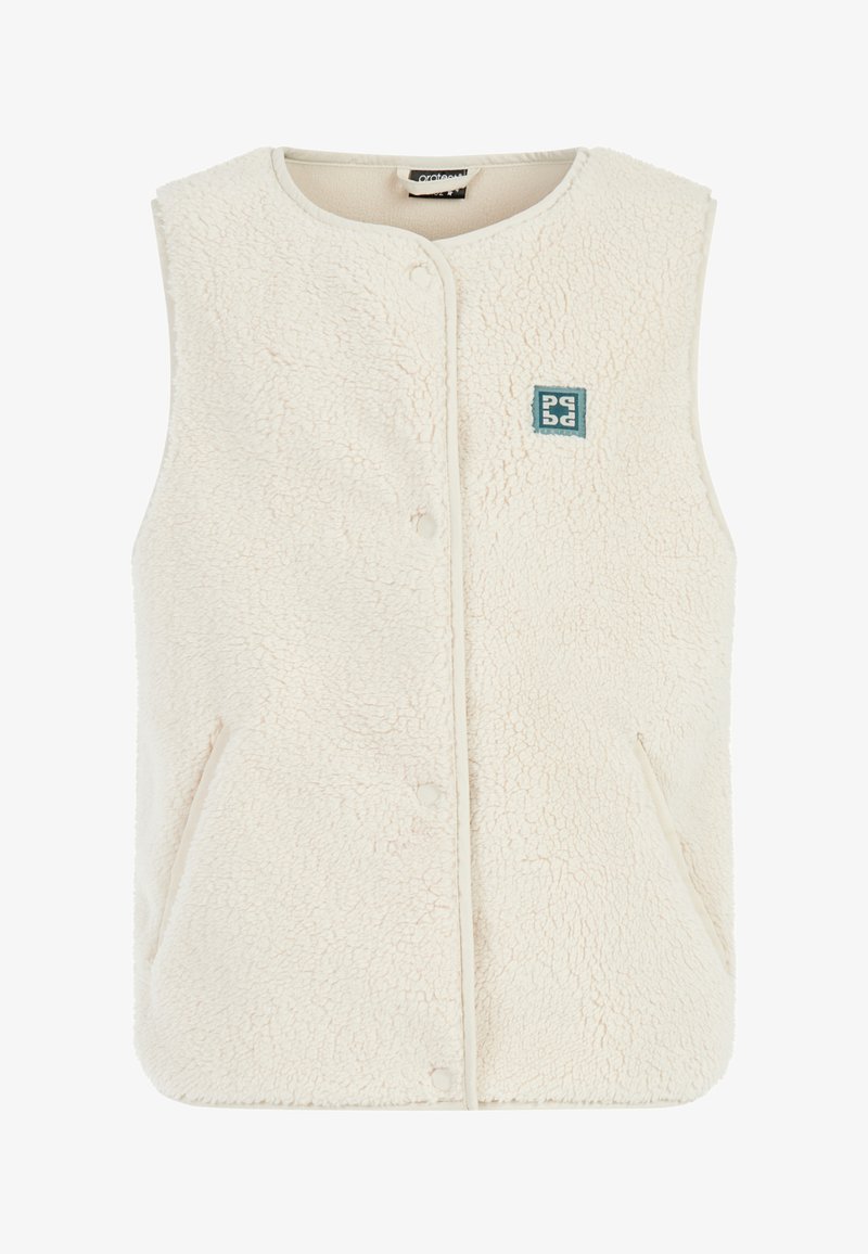 Beżowa, bezrękawnikowa kamizelka wykonana z miękkiego, teksturowanego polaru, z zatrzaskami, bocznymi kieszeniami i małą, turkusową naszywką z logo.
