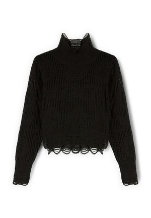 Pull en col roulé noir raccourci fabriqué en tissu tricoté texturé, avec un ourlet festonné et un motif complexe sur l'ensemble du corps.