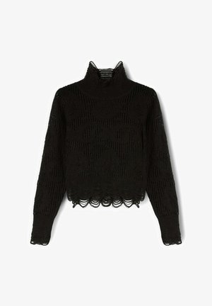 Pull en col roulé noir raccourci fabriqué en tissu tricoté texturé, avec un ourlet festonné et un motif complexe sur l'ensemble du corps.