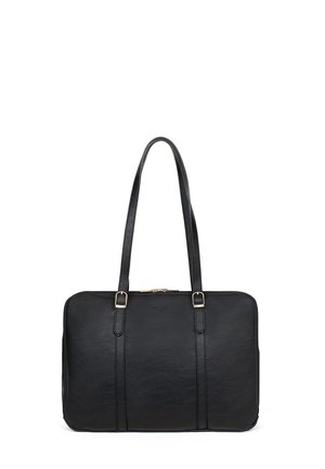 Borsa tote rettangolare nera in pelle con due spallacci regolabili e chiusura con cerniera superiore.