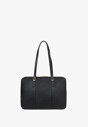 Borsa tote rettangolare nera in pelle con due spallacci regolabili e chiusura con cerniera superiore.