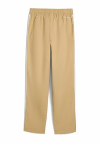 Beige weit geschnittene Hose aus weichem Stoff mit elastischem Taillenbund, ausgestattet mit weißen Seitenakzenten und einem kleinen Logodetail.