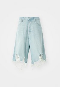 Bermude din denim de culoare albastru deschis, cu talie înaltă, cu zone distorsionate și margini desfăcute. Proiectate cu cinci buzunare și un închizător clasic cu buton.