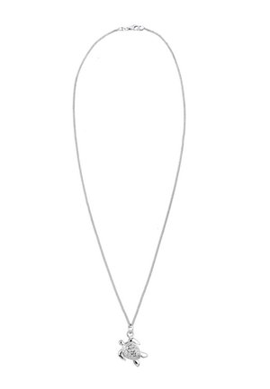 Collier chaîne en argent avec un petit pendentif en forme de tortue présentant une carapace et des membres détaillés.