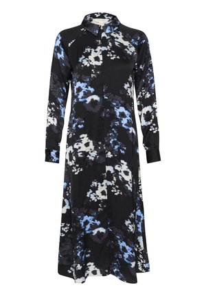 Long black dress with blue and white floral pattern, long sleeves, collared neck, and button closure. Soft, smooth fabric with a flowy design.