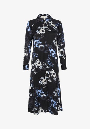 Garš melns kleita ar zilu un baltu ziedu rakstu, garām piedurknēm, apkakles kaklu un pogu aizdari. Mīksts, gluds audums ar plūstošu dizainu.