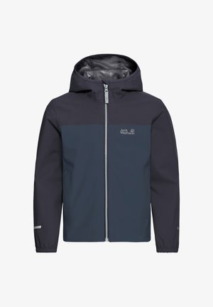 Veste imperméable bleu marine avec un panneau supérieur gris, capuche ajustable, fermeture éclair à l'avant et accents réfléchissants. Présente une texture lisse et un design minimaliste.