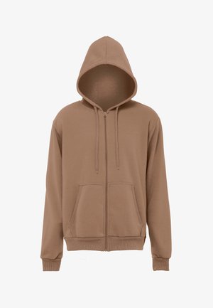 Felpa con cappuccio marrone con cerniera, tasche frontali, coulisse e polsini a costine, mostrata su sfondo bianco senza modello.