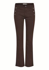 Pantalons évasés marron en mélange de coton avec poches avant et boutons décoratifs en argent sur le côté pour un détail supplémentaire.