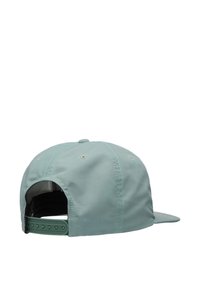 Casquette snapback vert clair vue de l'arrière avec une sangle plastique ajustable et des œillets de ventilation visibles sur les panneaux.