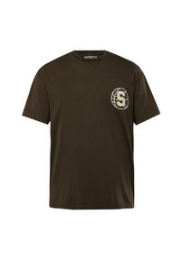Mørkebrun T-shirt lavet af bomuld, med rund halsudskæring og korte ærmer. Viser et cirkulært logo med "S" på venstre bryst.