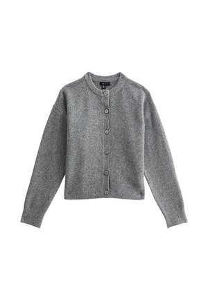 Grijze gebreide cardigan met een ronde halslijn, lange mouwen en sluiting met knopen aan de voorkant. Heeft ribgebreide manchetten en zoom, gemaakt van zacht materiaal.