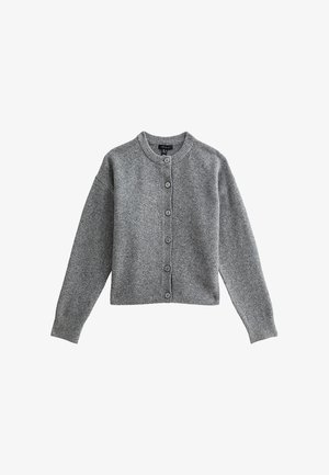 Grijze gebreide cardigan met een ronde halslijn, lange mouwen en sluiting met knopen aan de voorkant. Heeft ribgebreide manchetten en zoom, gemaakt van zacht materiaal.