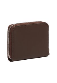 Kompaktowy portfel z ciemno-brązowej skóry, z zamknięciem na srebrny zamek błyskawiczny, pokazany zamknięty na białym tle.