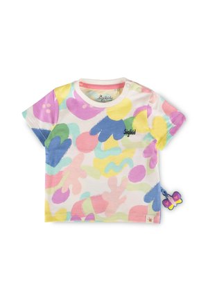 Maglietta a maniche corte per neonati con forme astratte e colorate in rosa, blu, giallo, verde e viola, con due bottoni a pressione sul collo.
