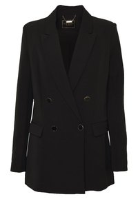 Blazer negro de doble botonadura con herrajes dorados, solapas estructuradas y bolsillos laterales. Fabricado con una tela suave y texturizada.