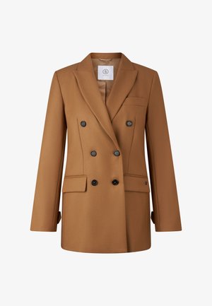Camelová dvouřadá sako se šesti tmavými knoflíky, klopovými reverzy, dvěma předními klopovými kapsami a náprsní kapsou.