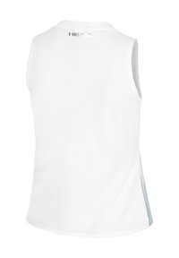 Witte mouwloze sporttop van een gestructureerde stof, met een ronde halslijn en een logo op de rug. Zijslitsen verbeteren de bewegingsvrijheid en ademend vermogen.