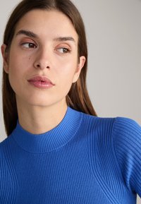 Gestreifter blauer Strickoberteil mit hohem Kragen und eng anliegenden Ärmeln. Verfügt über ein vertikales Texturmuster und eine glatte Oberfläche.