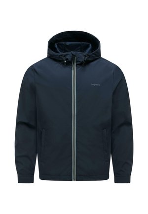 Giacca con cappuccio blu navy con cerniera frontale, due tasche laterali, cordini regolabili del cappuccio e logo "ragwear" discreto sul petto.