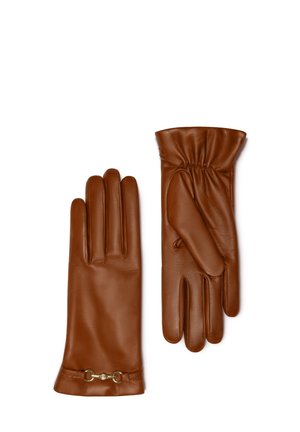 Braune Lederhandschuhe mit glatter Textur, die einen gerafften Handgelenkbereich und eine goldfarbene Hardware-Akzentuierung am Bündchen aufweisen.