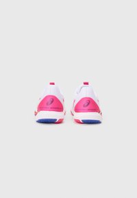 White athletic shoes with pink accents, featuring a textured heel and logo. Rounded shape with a flexible sole, designed for performance.