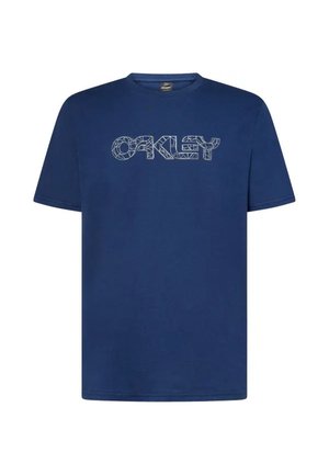 T-shirt blu navy a maniche corte con logo "OAKLEY" con motivo geometrico al centro del petto.