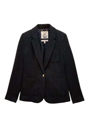 Dunkler strukturierter Blazer mit Stegkragen, einem einzelnen goldenen Knopf, drei aufgesetzten Vorderentaschen und einem sichtbaren Innenetikett unter dem Kragen.