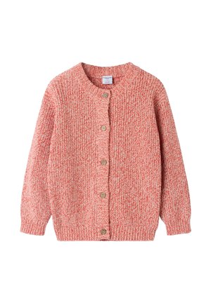 Lyserød og hvid strikket cardigan med knapper, lange ærmer og ribstrikkede manchetter, krave og kant.