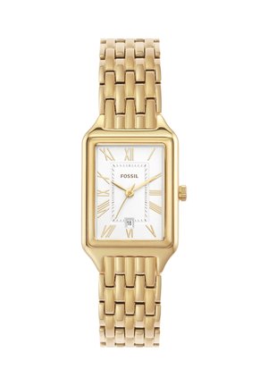 Montre-bracelet rectangulaire Fossil ton doré avec cadran blanc, chiffres romains, trois aiguilles, guichet date à 6 heures et bracelet métallisé à maillons.