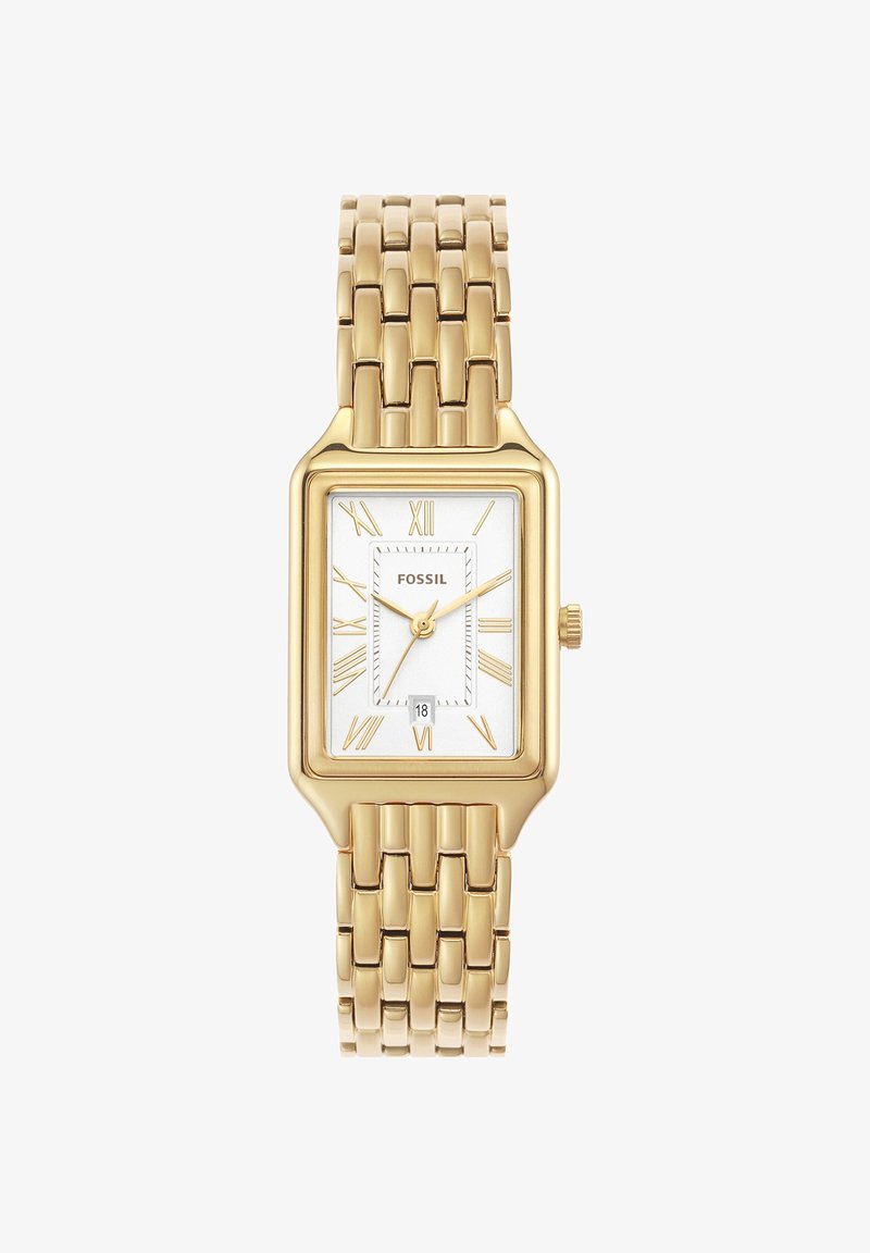 Montre-bracelet rectangulaire Fossil ton doré avec cadran blanc, chiffres romains, trois aiguilles, guichet date à 6 heures et bracelet métallisé à maillons.