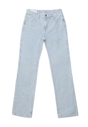Lyseblå og hvide jeans med lodrette striber, lige ben, forreste knap, lynlås og lommer.