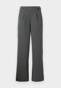 Pantalon gris foncé à jambes larges, taille haute avec des boutons sur la ceinture, plis devant et poches latérales.