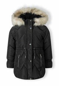Chaqueta de plumas negra con capucha forrada de piel sintética, diseño acolchado en forma de chevrón, puños elásticos, cintura ajustable con cordón y bolsillos laterales con cremallera.