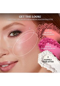 Blush and highlighter palette features pink and white powder shades labeled: "Head in the Clouds," "Super Candy Clouds," and "Happily Ever After."